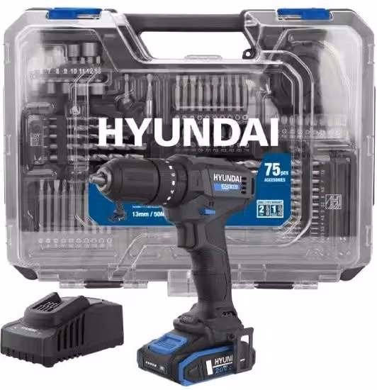 Kit Trapano a Percussione Hyundai HD20S-50TT con Batteria 20V 2Ah e 75 Utensili, Nero