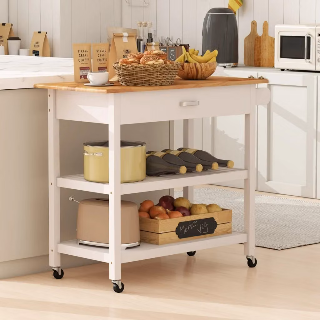 Carrello di servizio a 3 livelli con piano in legno e ripiani aperti, Isola da cucina in stile rustico bianco con ruote – 2