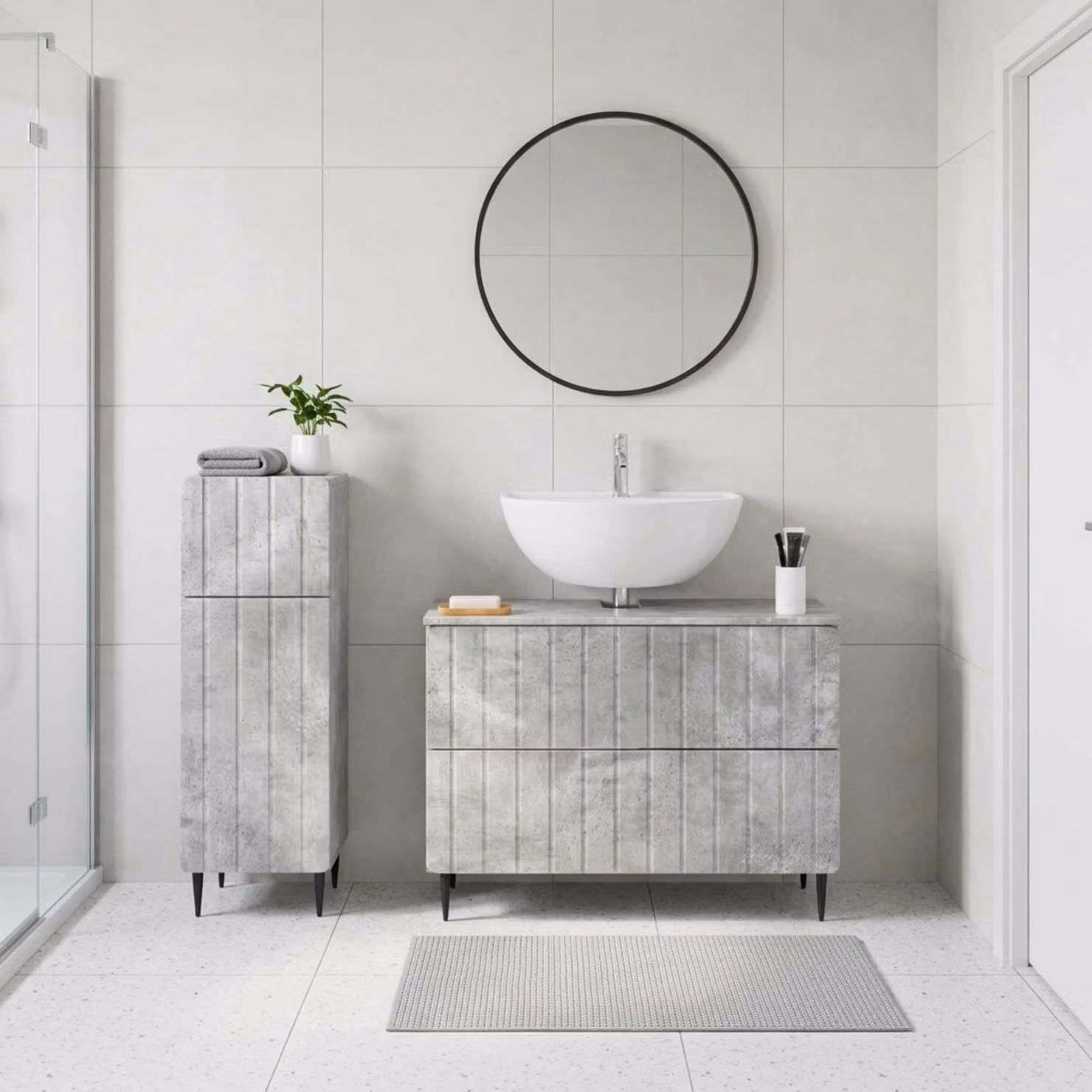 Set di mobili da bagno vidaXL ZWOLLE composto da 2 pezzi, mobile lavabo e mobile contenitore, colore grigio cemento, design moderno con ante a cerniera e ripiani interni