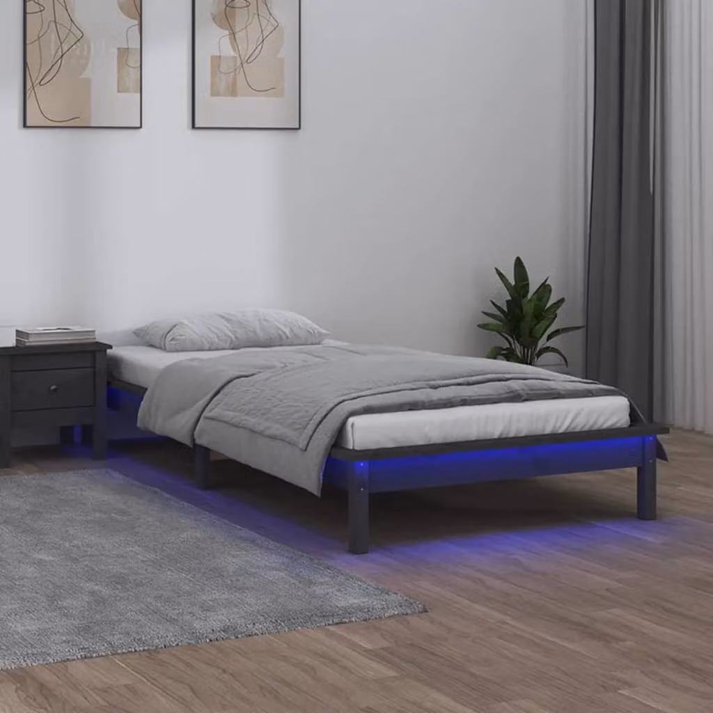 vidaXL Giroletto in legno massello di pino con illuminazione LED e porta USB, Grigio, 90 x 200 cm