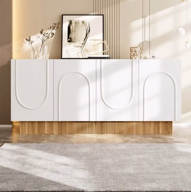 Sideboard moderno a 4 ante con struttura a rilievo U; 160x75x38 cm; bianco e legno