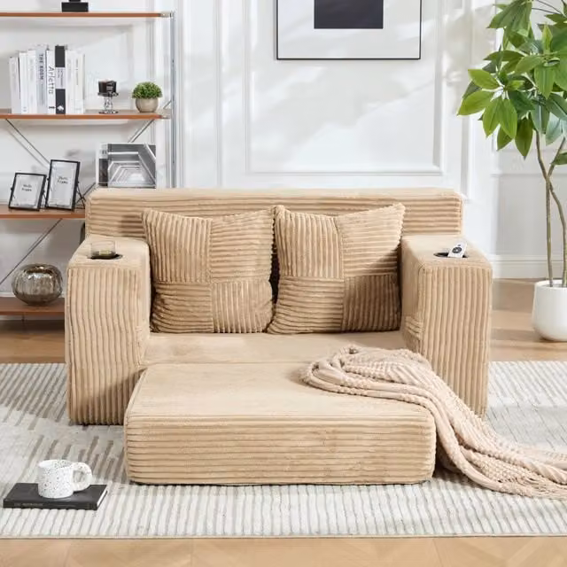 Divano letto due posti 151 x 133 x 64 cm con poggiapiedi e portabicchieri; velluto a coste kaki