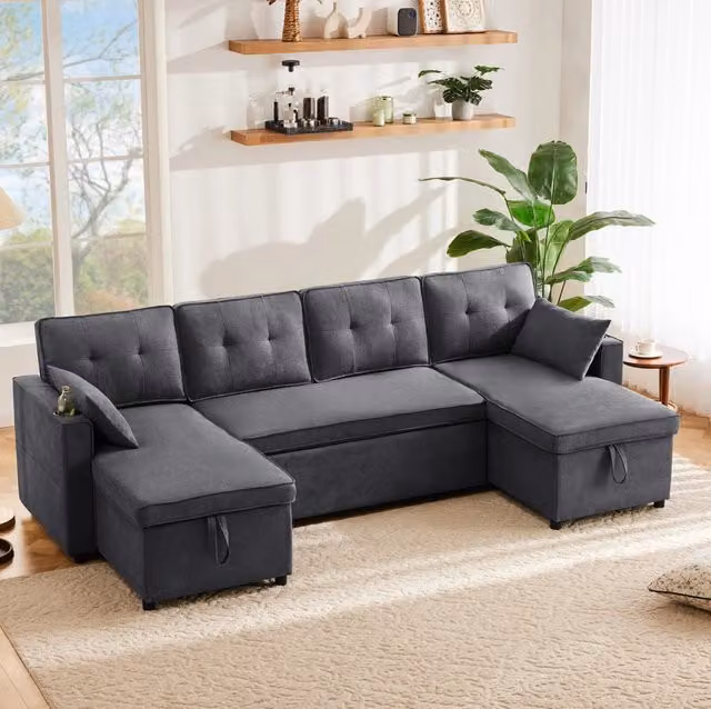 Divano letto angolare a U 270x130x86 cm in tessuto cotone e lino grigio; con contenitori