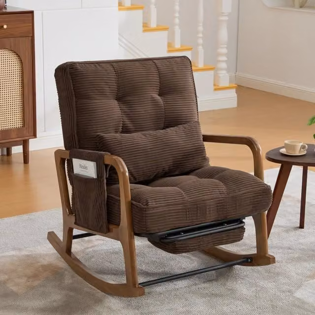 Poltrona Dondolo Minimal con Poggiapiedi Marrone in Velluto e Struttura in Legno Massello con Schienale Regolabile e Cuscino Lombare – 1