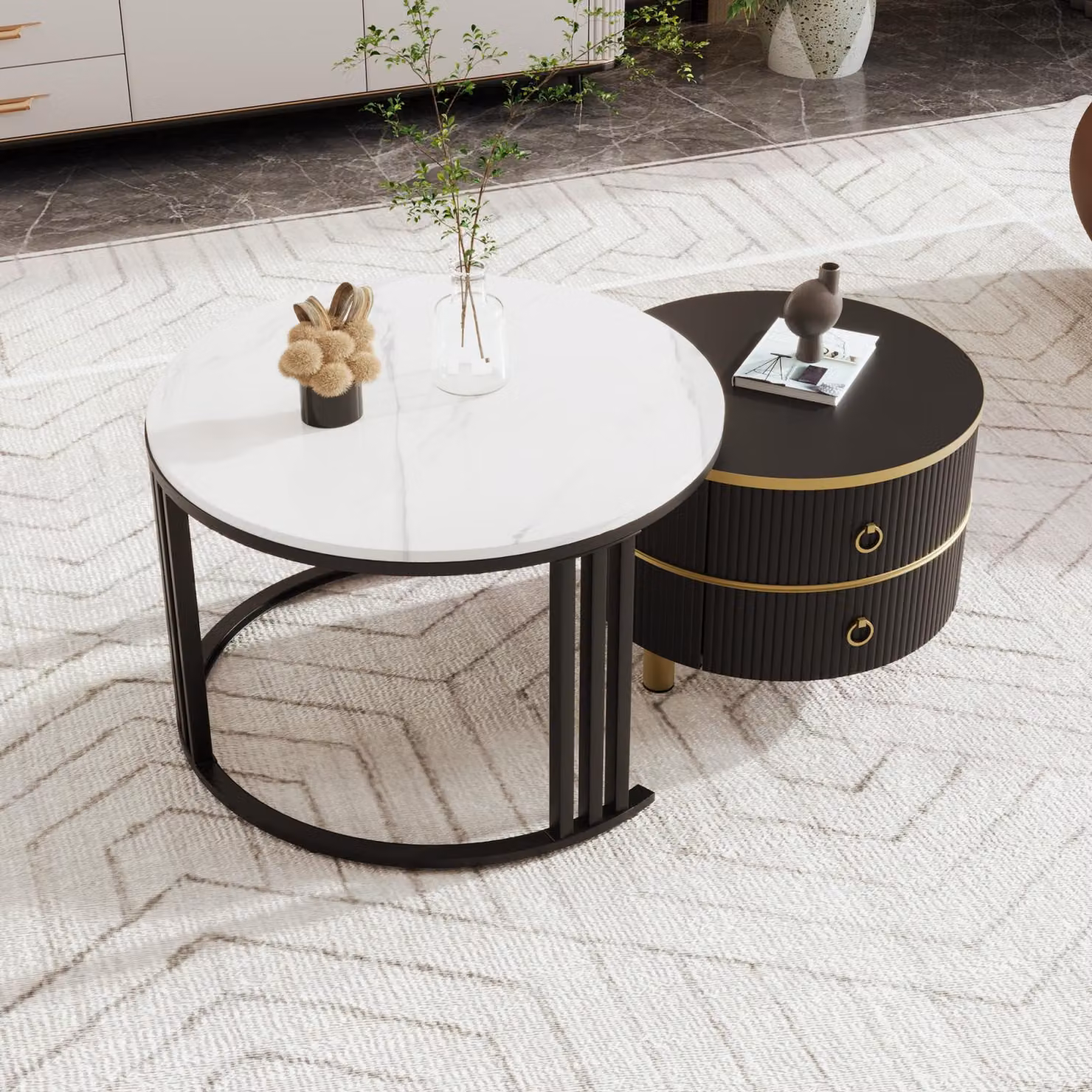 tavolino rotondo 2 in 1 in MDF, tavolino con piano in marmo bianco, 2 cassetti, nero