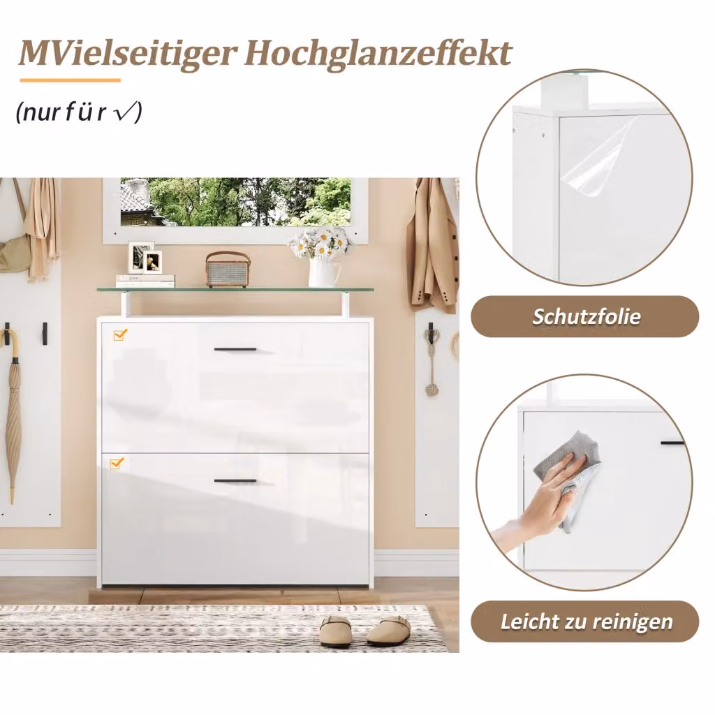 Set da 4 pezzi Mobile Ingresso REDOM con Specchio e Scarpiera Bianco Lucido L: 89,5 cm, P: 23 cm, H: 96,5 cm – 2