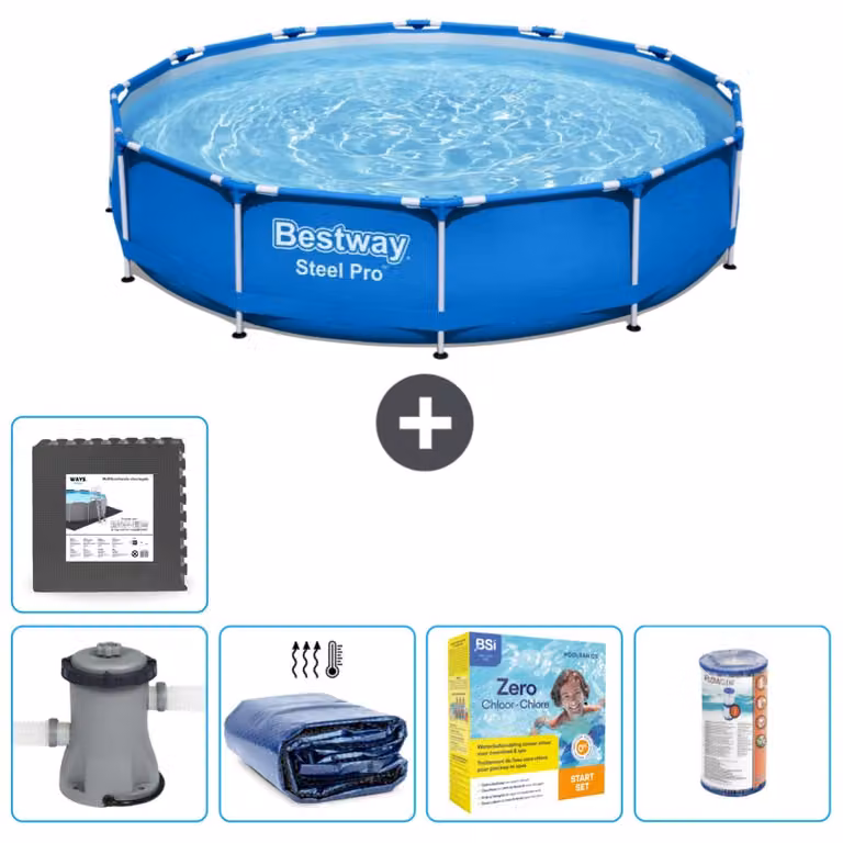 Piscina Bestway Round Steel Pro - 366 x 76 cm - blu - pompa inclusa - tenda da sole - pacchetto manutenzione - filtro - pavimento in piastrelle