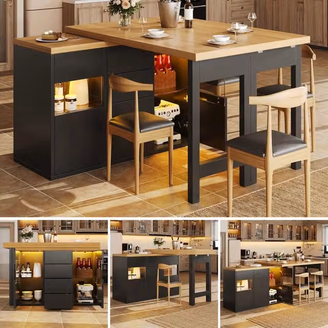 Tavolo da pranzo isola cucina girevole 360° 120 197 cm LED RGB con app ante in vetro 4 cassetti bianco/nero