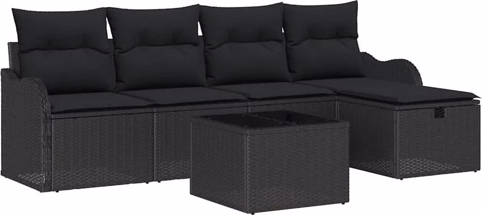 Set Divano da Giardino con cuscino 6 pcs Nero Poly Rattan