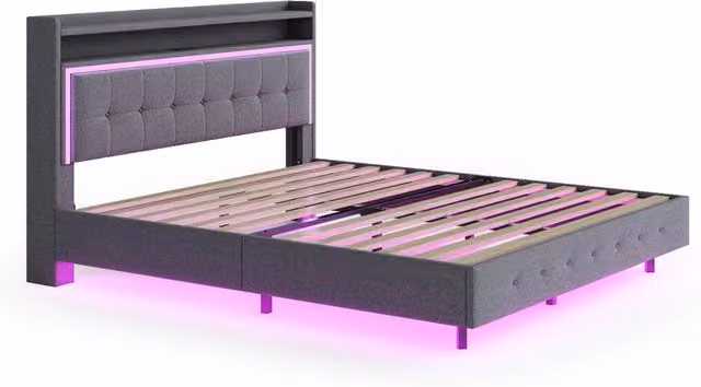 Letto imbottito 140x200 cm grigio con porta USB e luce LED, struttura con piedi nascosti