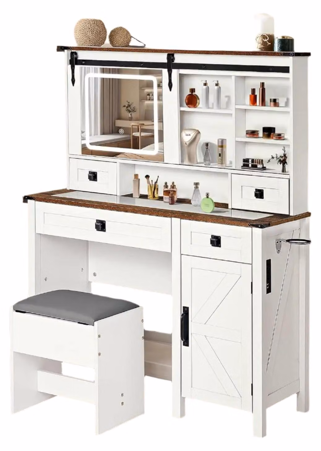 Tavolo da trucco - Comodino da trucco - Tavolo per la bellezza - Specchiera con piano contenitore - Mobile con cassetti - Piano del tavolo in vetro