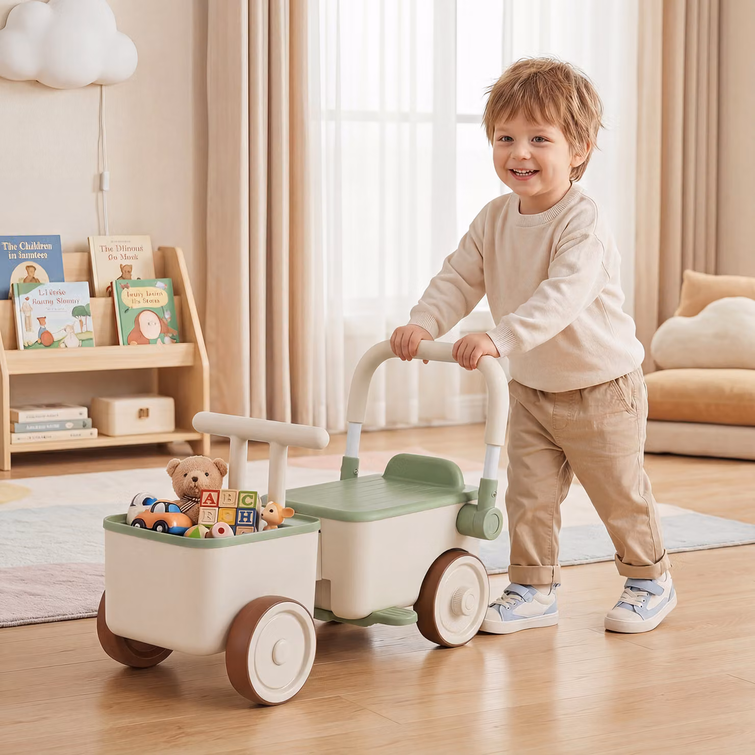 Auto a spinta 3 in 1 Costway per bambini con corda di traino, vano portaoggetti e ruote antiscivolo, Verde