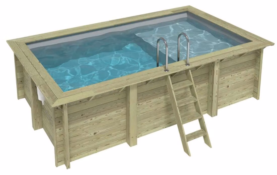 Piscina in legno AQUA 4.65 x 2.85 – H.1.24 m con spiaggia, grigio, con supporti fissati al calcestruzzo