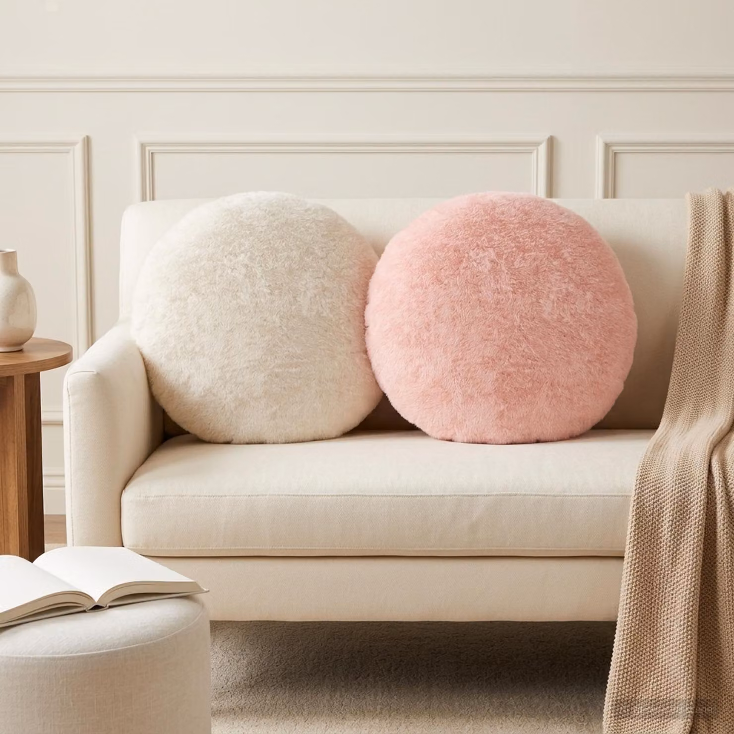 Set di 2 federe rotonde vidaXL HEERLEN in pelliccia sintetica, colore rosa e bianco, Ø 40 cm