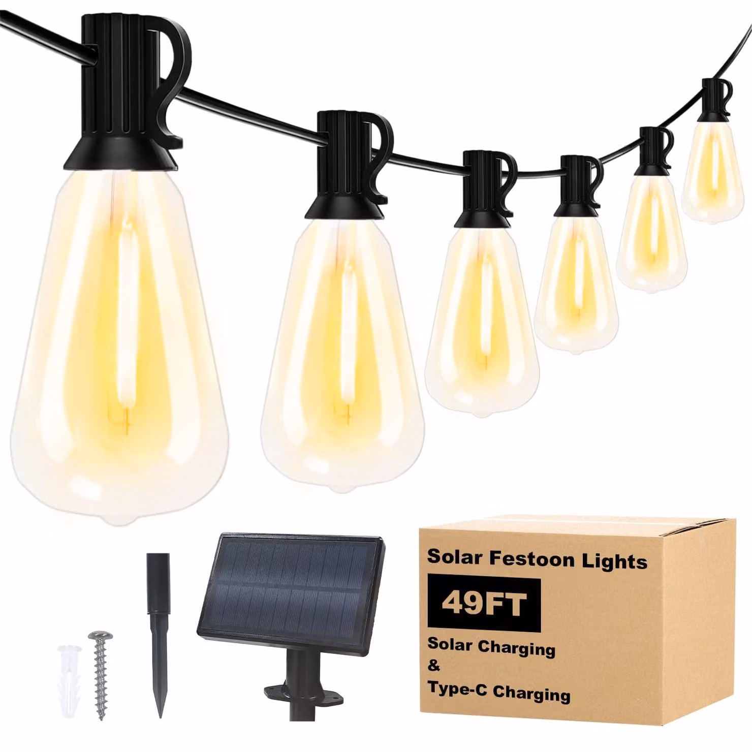 Catena luminosa solare da 15 metri, con 18 lampadine Edison indistruttibili, luce bianco caldo