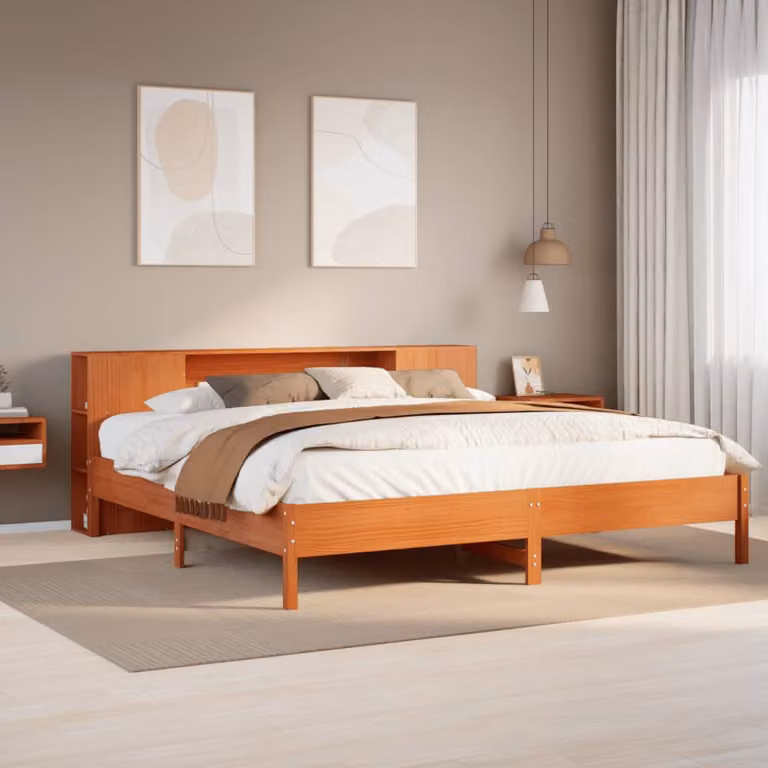 Letto con libreria vidaXL in legno di pino massiccio color marrone cera con ripiani laterali L: 200 cm, P: 206 cm, H: 229,5 cm