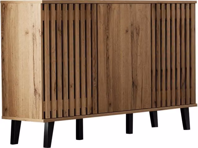 Mobile laterale in truciolato 150x40x95 cm con 3 ante e 6 scomparti, colore legno naturale e gambe nere in PVC