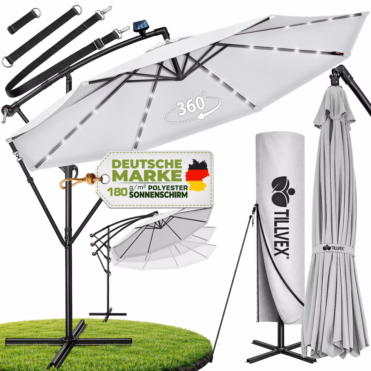 tillvex ombrellone a sbalzo in alluminio grigio LED solare Ø 300 cm con manovella | ombrellone con interruttore on/off | ombrellone da giardino protezione UV alluminio | ombrellone a manovella con supporto ombrellone da mercato impermeabile