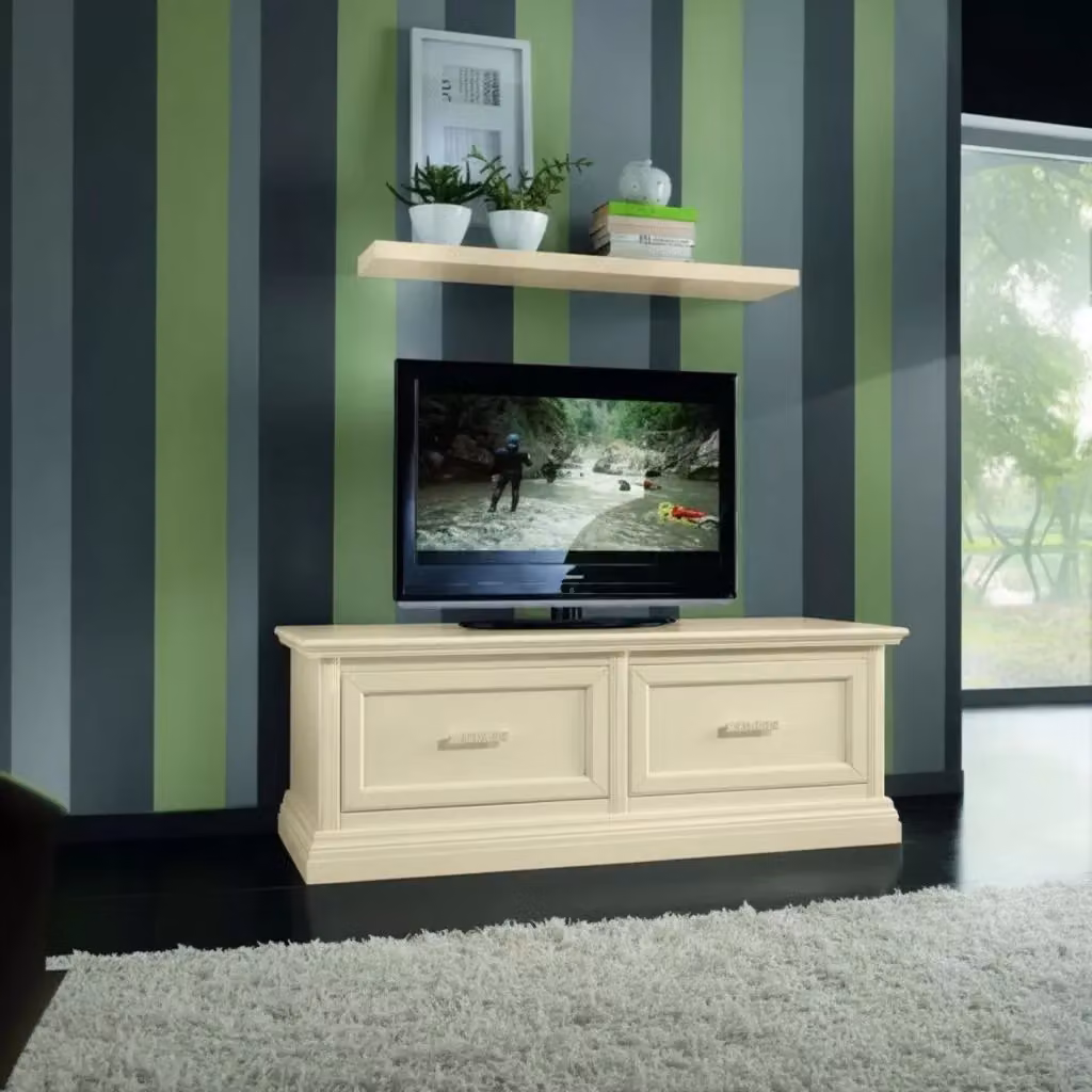 Parete attrezzata porta TV Mobili 2G in legno laccato beige e bianco L: 128 cm, P: 60 cm, H: 47 cm – 1