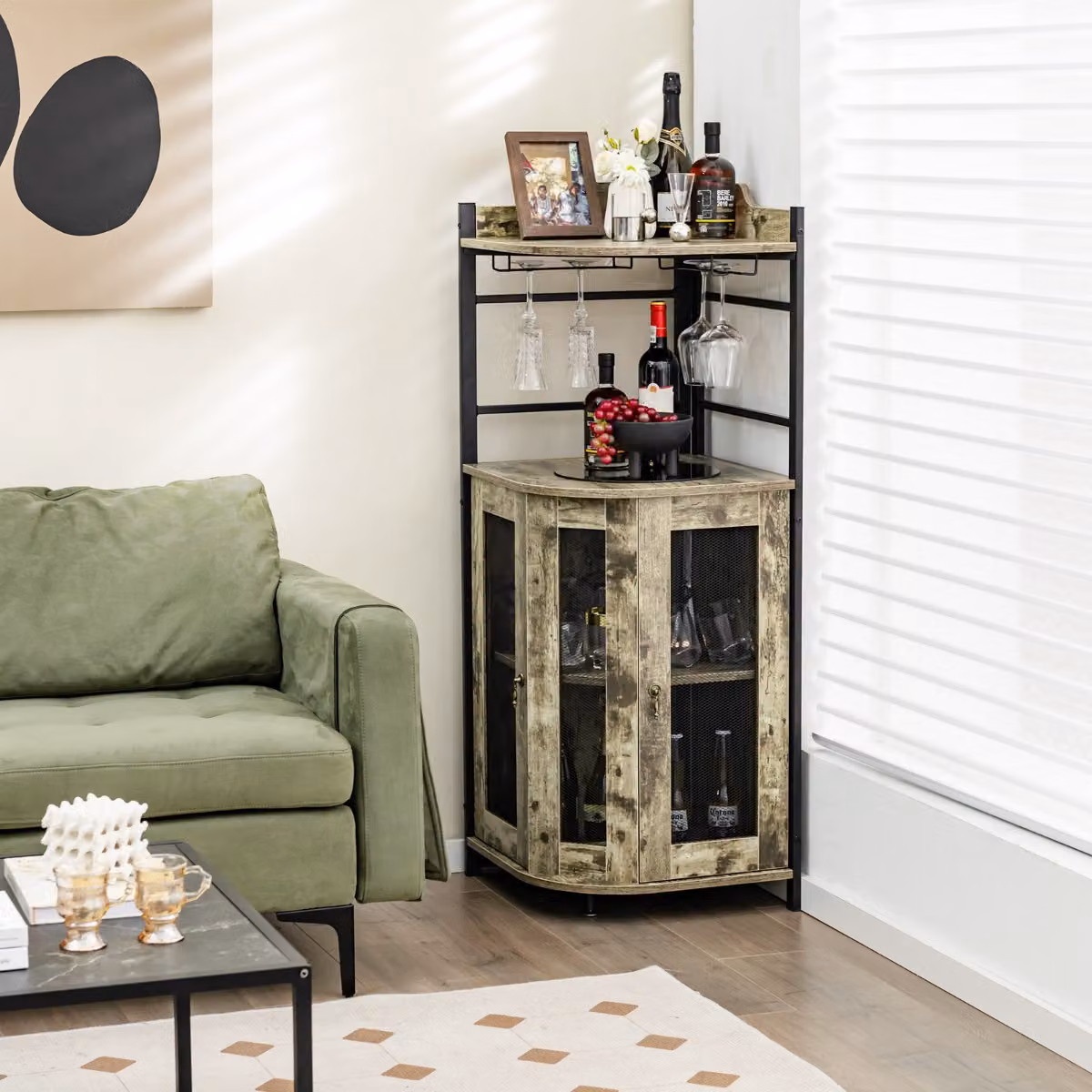 Mobile Bar Angolare Costway in Stile Industrial con Portabicchieri e Ripiani Interni, Marrone e Nero – 3