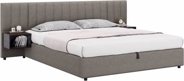 Letto matrimoniale 180x200 cm con contenitore idraulico; 2 comodini; lino grigio e nero