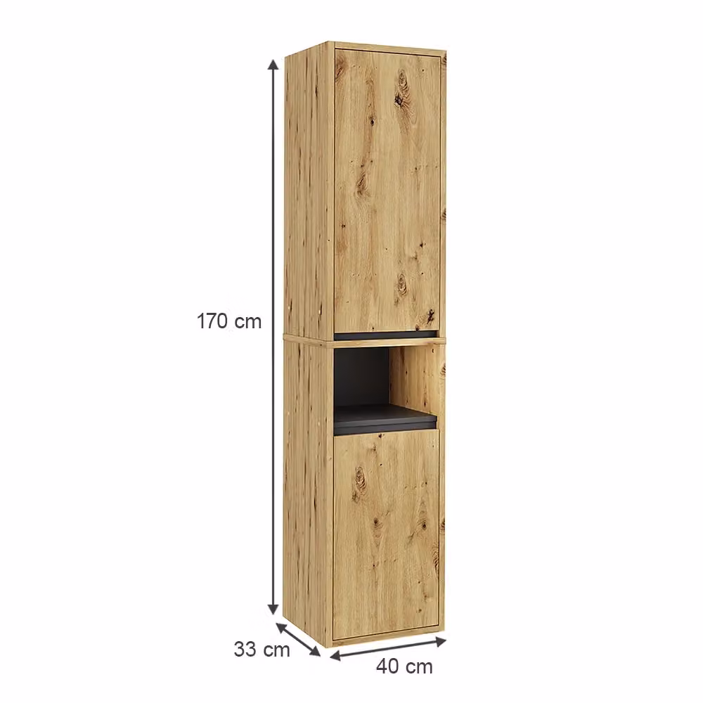 Mobile alto Vicco in legno Rovere e Grigio con 2 ante e ripiano aperto H: 170 cm, L: 38 cm, P: 32 cm – 2