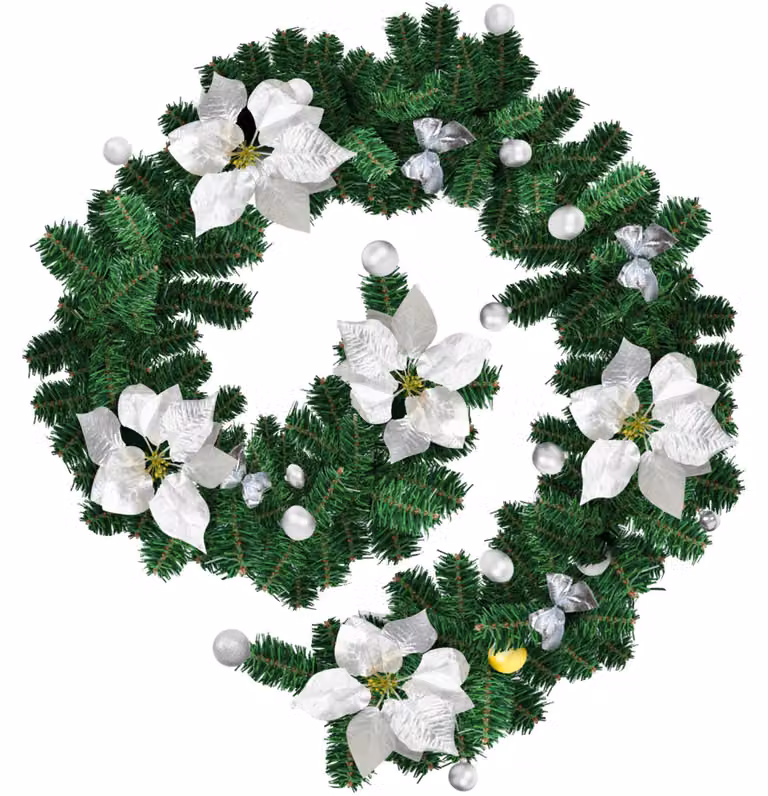 Decorazioni natalizie Ikodm: ghirlanda natalizia di 2,7 metri con 50 LED, luce bianca calda, palline argentate, fiori e fiocchi, alimentata a batteria