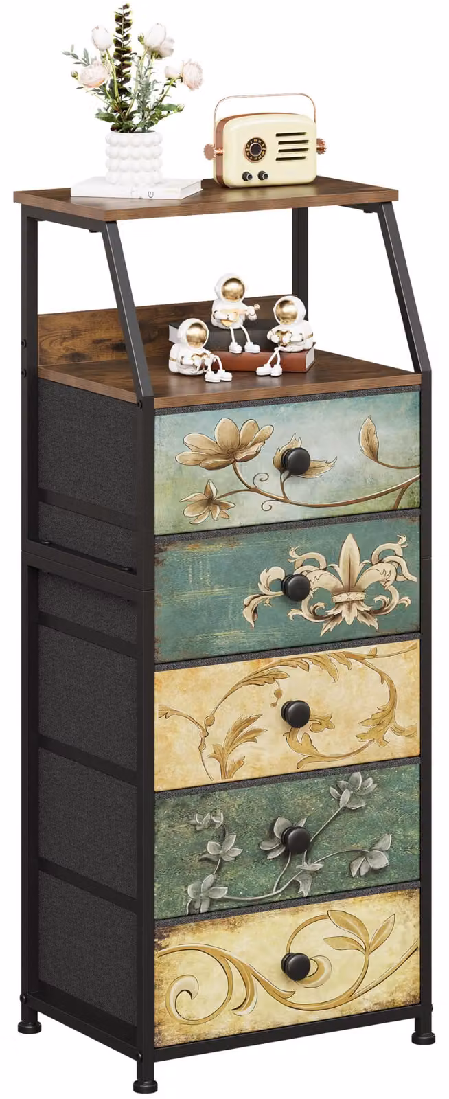 Comodino con 5 cassetti, rivestito in tessuto, con ripiano aperto, versatile, ideale per la camera da letto