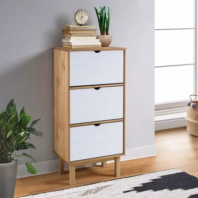 Scarpiera a parete vidaXL in legno di pino stile rustico con ante basculanti, Marrone e Bianco, L: 120 cm, P: 35 cm, H: 55 cm – 1