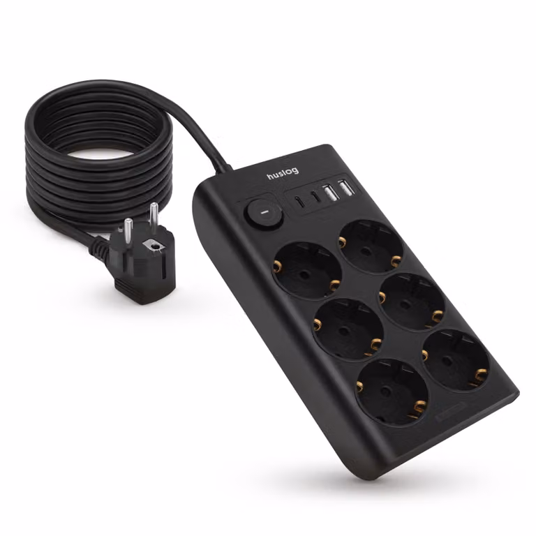 Ciabatta multipresa Huslog a 6 prese con USB, 4 porte USB, protezione da sovratensione, 1,5 metri, colore nero