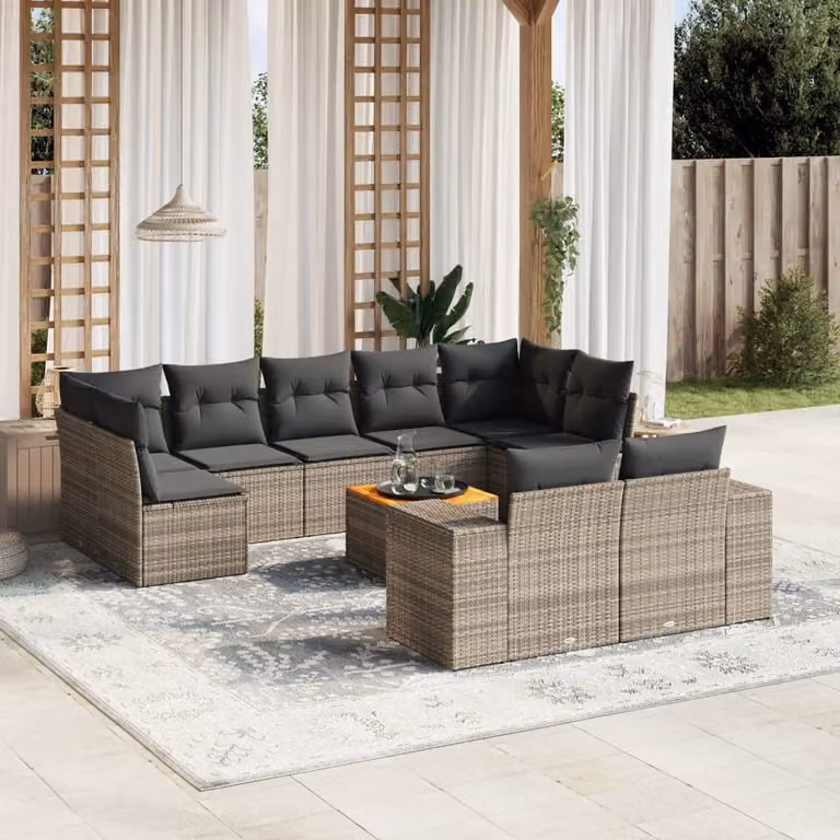 vidaXL Set Divano da Giardino 10 pz a Forma a L in Polyrattan Grigio con Cuscini e Tavolino