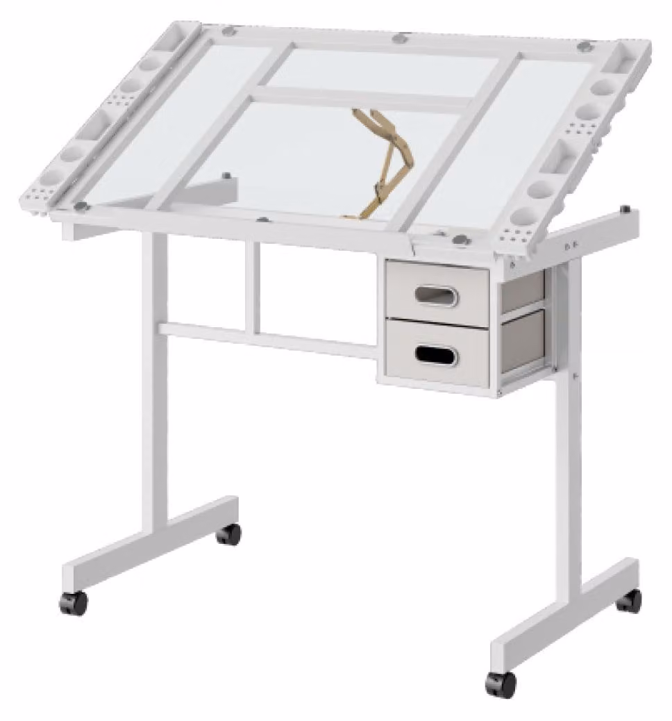 Tavolo da disegno con 2 cassetti e 4 ruote, tavolo da disegno regolabile, piano del tavolo da disegno bianco