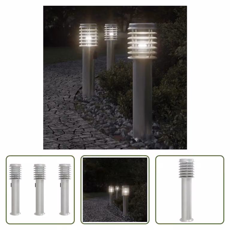 The Living Store Luci da sentiero con presa 3 pezzi argento 60 cm in acciaio inox