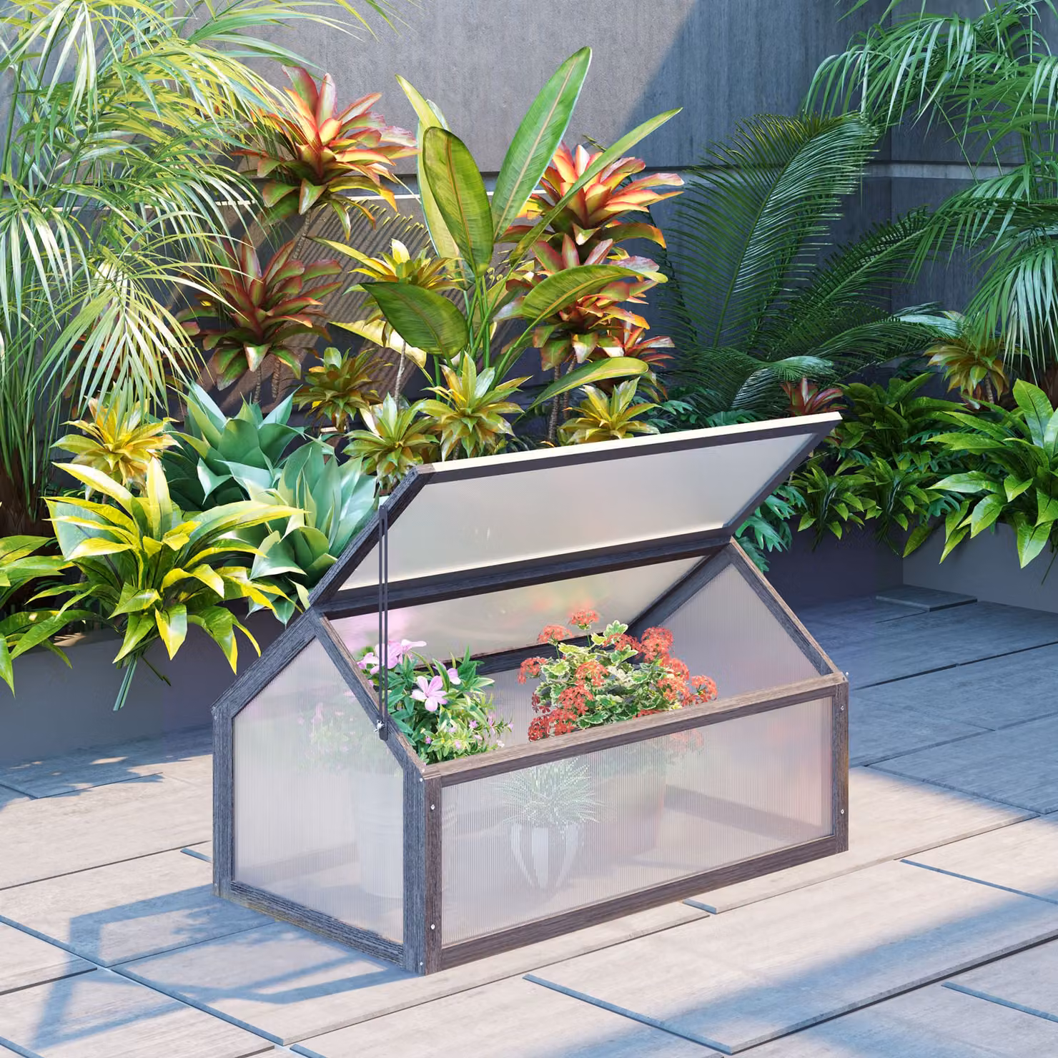 Mini-Serra Outsunny in Legno e Policarbonato con Apertura di Ventilazione, Grigio, L: 90 cm, P: 52 cm, H: 49,5 cm – 2