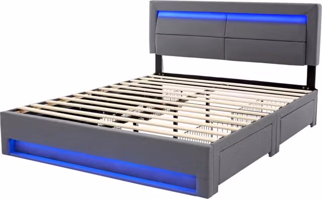 Letto imbottito 140x200 cm con ricarica USB cablata e wireless, illuminazione LED e 4 cassetti, senza materasso, finitura grigia effetto litchi