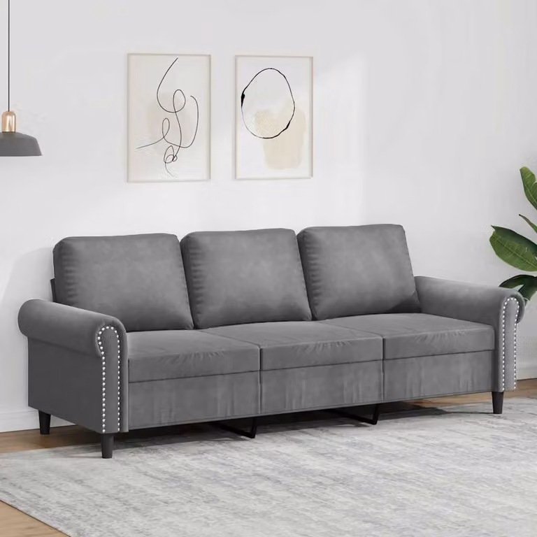 vidaXL Divano a 3 Posti Moderno in Velluto Grigio con Struttura in Metallo L: 212 cm, P: 80 cm, H: 77 cm