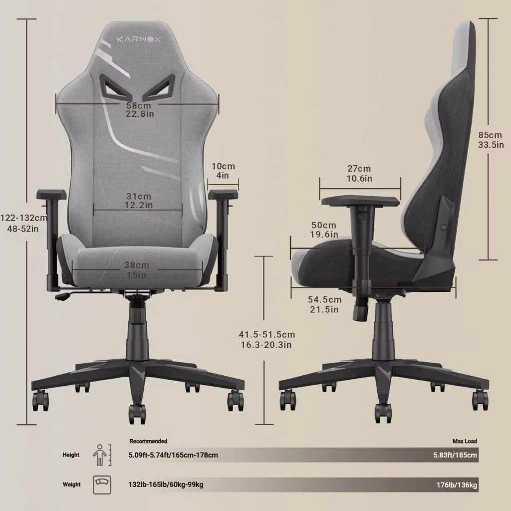 Sedia gaming ergonomica WISHDOR in tessuto grigio con poggiatesta e base girevole a 360 gradi – 2