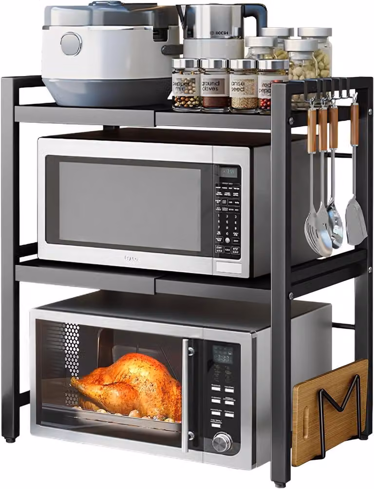 Ripiano per la cucina, ripiano per microonde, ripiano estraibile a 3 livelli, scaffali per panetteria con 6 ganci, ripiano per la cucina, ripiano per spezie, mobiletto per microonde