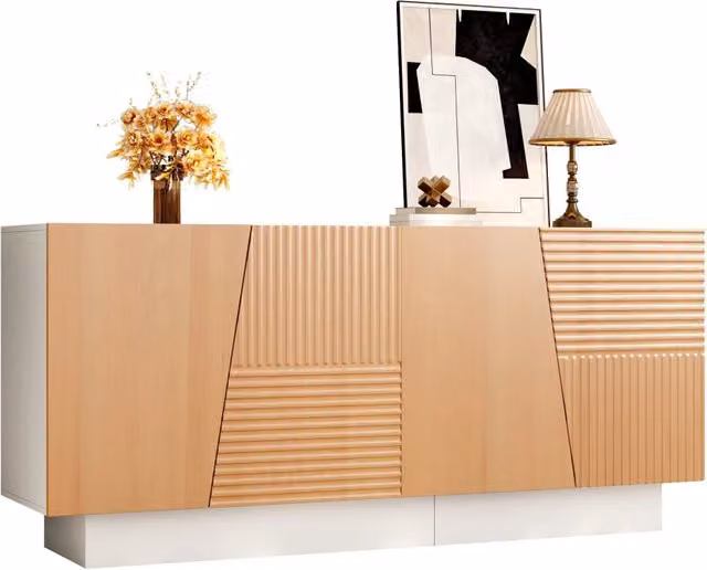 Sideboard con 4 ante, struttura a scanalature geometriche, 2 vani separati e ripiani regolabili in altezza