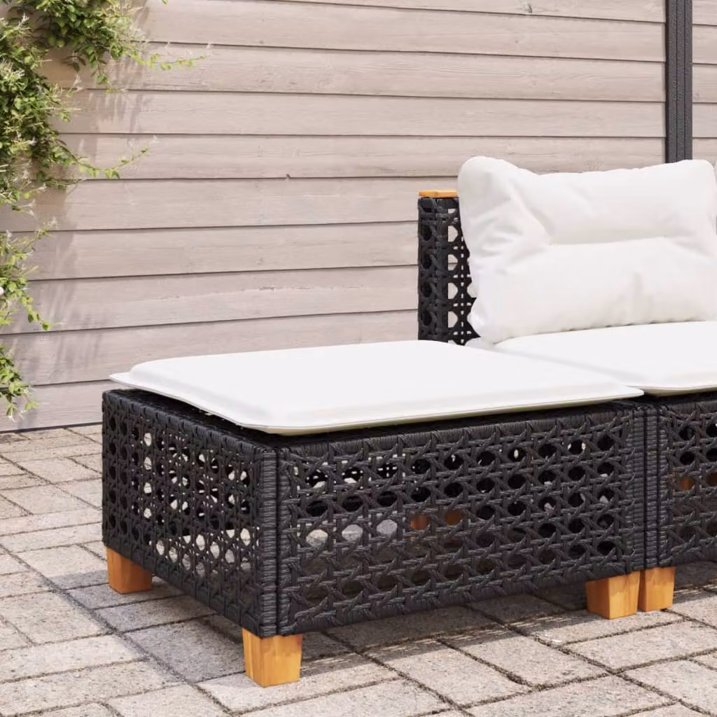 Sgabello da giardino vidaXL in polyrattan con cuscino nero e struttura in legno di acacia L/P/H: 63,5 x 56 x 32 cm