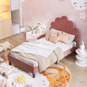 Letto imbottito Fortuna Lai 90x200cm con testata regolabile in altezza e rete a doghe, testata a forma di fiore Letto singolo Letto per bambini e adulti