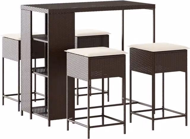 Set Bar da Giardino 5 pz in Polyrattan Marrone e Bianco con Cuscini – 1
