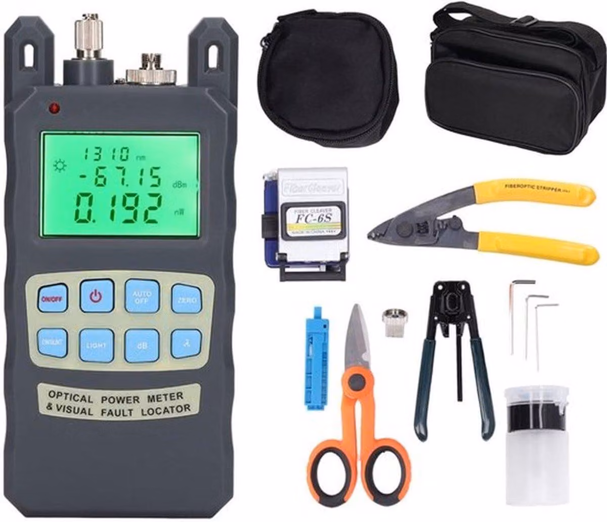 Kit di strumenti per fibra ottica, 15 pezzi: misuratore di prestazioni ottiche, spelafibre, tagliafili, pinza Miller, inclusa custodia