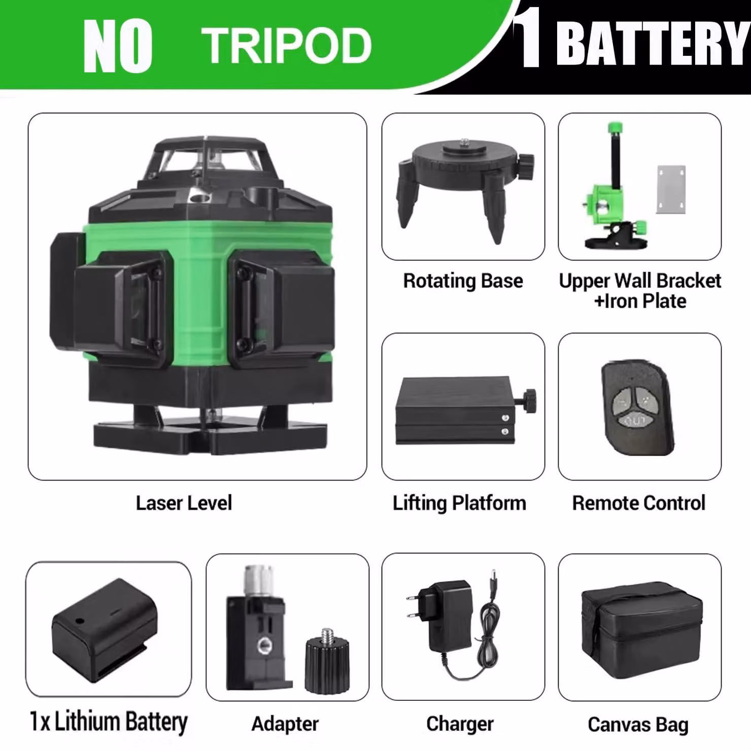 Livella laser - 4D, 16 linee - Autolivellante - Laser verde - 360° orizzontale e verticale - 1 batteria - Senza supporto