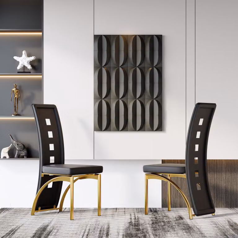 Set di 2 sedie da pranzo, motivo a fori, ecopelle, gambe in metallo, 102,5 cm, design moderno (nero e oro)
