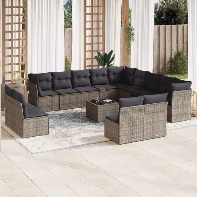 Set di Divani da Giardino VIDAXL in Polyrattan Grigio con Cuscini, 14 Pezzi – 1