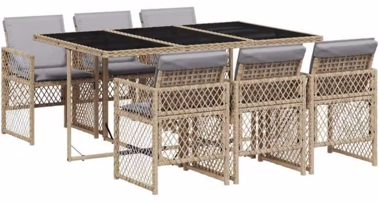 Set da pranzo per esterno, 7 pezzi, con cuscini, in rattan sintetico e vetro, color beige/grigio