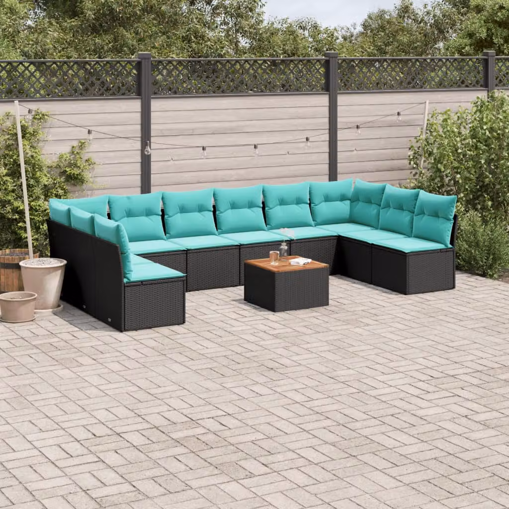 Set di divani da giardino vidaXL 11 pz in polyrattan nero con cuscini e tavolino da esterno a forma di L