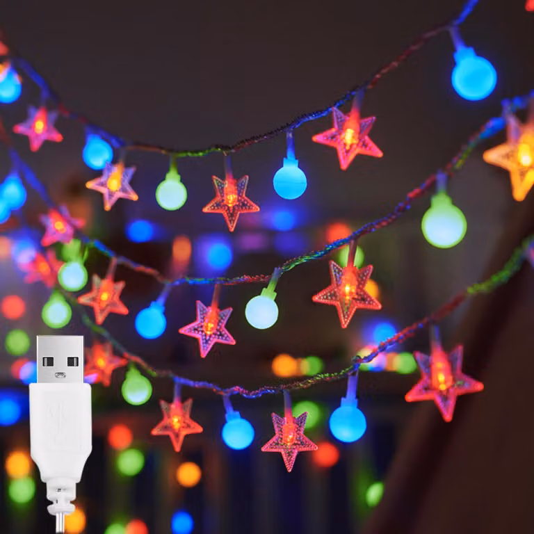 Catena luminosa a LED con stelle e palline, lunghezza 3 metri, 20 LED colorati, alimentazione USB