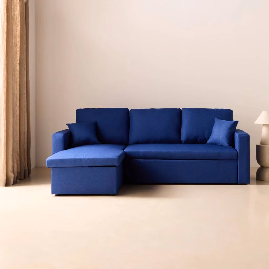 Divano letto angolare a L con contenitore reversibile Sweeek, 3 posti, blu – 2